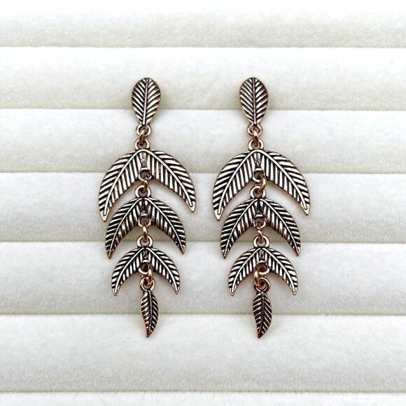 Bronze Dangling Detailed Leaf Boho Vintage Style Post Back Drop Earrings - Picture 4 of 10